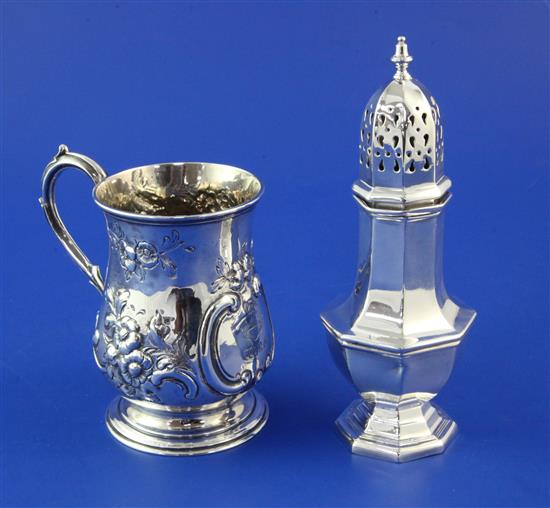 A Victorian silver baluster christening mug & later caster, 9.5 oz.